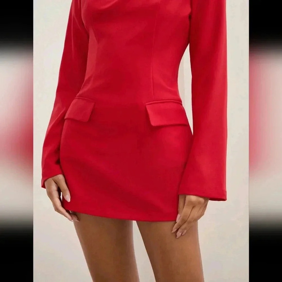 Women's Spring & Summer Solid Color Stand Collar Flare Sleeve Short Mini Dress - Picture 5 of 5